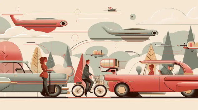 יצירות אמנות בסגנון שנות ה-50 של סצנת תחבורה רטרו-פוטוריסטית 2K טפט