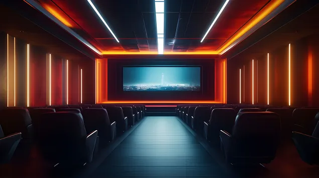Retro-futuristisk biografsal med uppslukande neonstämning 8K bakgrund