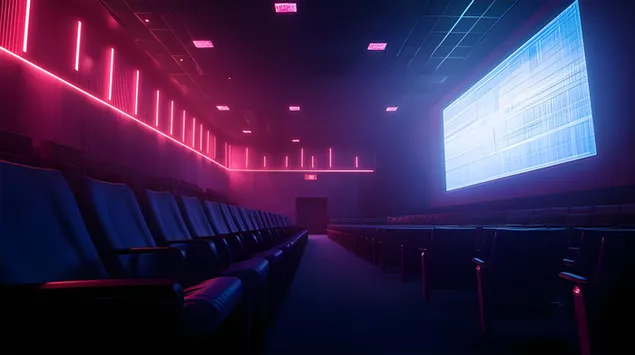 Retro-futuristisk biografsal med livlig neonstämning 8K bakgrund
