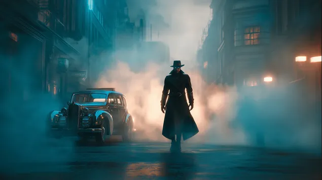 retro-futuristicky robot na hmlistej mestskej ulici s vozidlom stiahnut