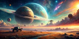 Ретро-футуристический научно-фантастический пейзаж, космическое путешествие за горизонт 4K обои
