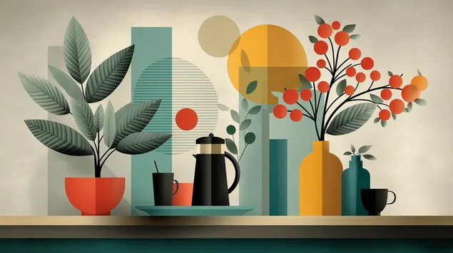 Retro kuhinjsko tihožitje, stil sredine stoletja 2K ozadje