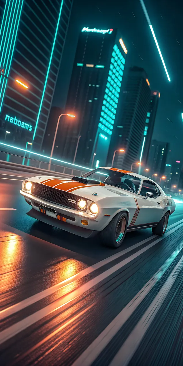 מכונית שרירים רטרו נסחפת ברחובות העיר המוארים בניאון בלילה 2K טפט