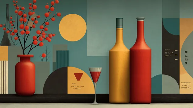 Retro klusā daba ar pudelēm un ogām, 20. gadsimta vidus 2K fona tapete