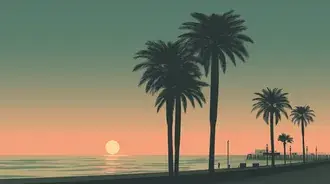 retro sunset beach krajina s palmami a oceanem horizon stahnout