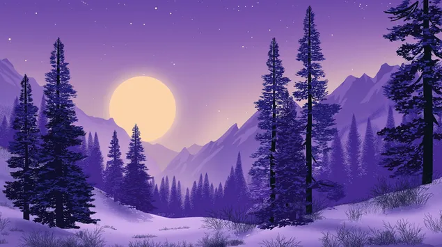 retro talvimetsa auringonlasku vuorilla ja luminen maastonakyma lataa