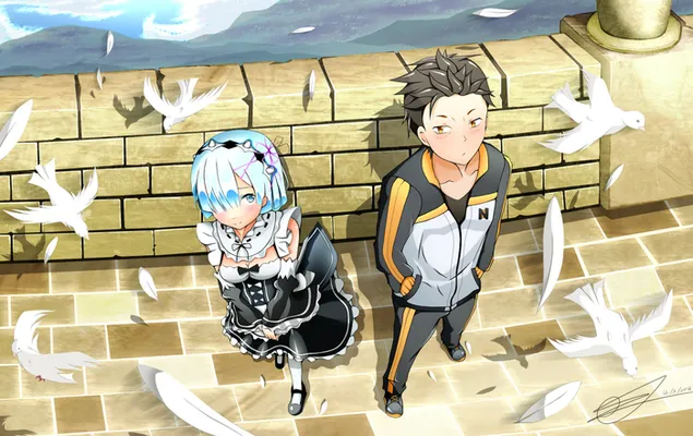 ReZero : Starting Life In Another World - Natsuki Subaru, Rem, Pigeons HD bakgrund