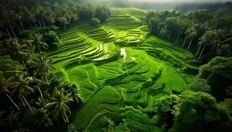 Campo de arroz con la jungla 2K fondo de pantalla
