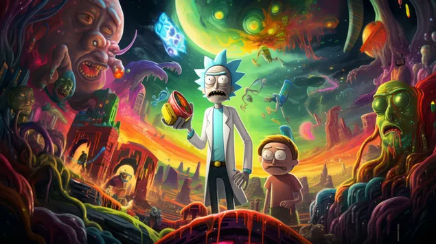 Rick and Morty animacija šareni prostor 2K pozadina