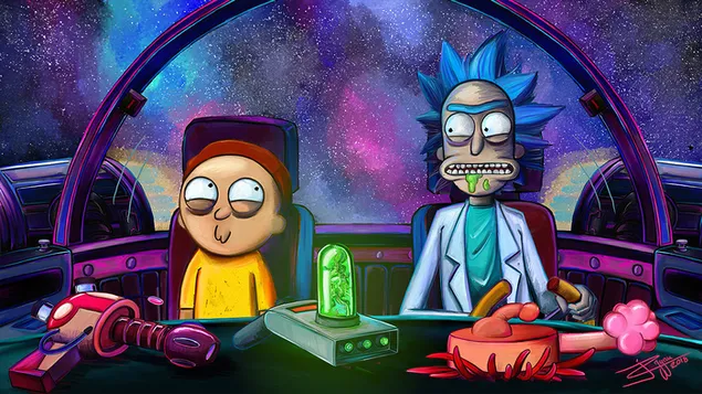 Rick og Morty tegneseriefigurer sitter 4K bakgrunn