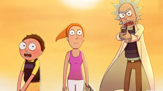 Ликовите на Рик и Морти со пиштоли 4K тапет