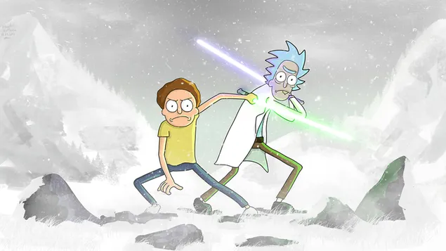 Rick y Morty usando el sable de luz