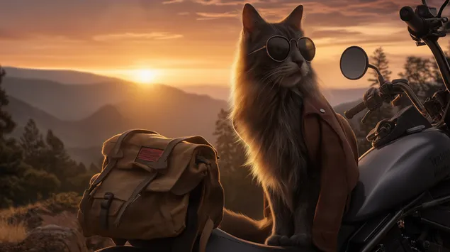 山を背景にした夕暮れ時のバイクに乗るライダーキャット 2K 壁紙
