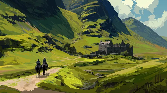 jahaci se priblizavaju dvorcu u prostranoj zelenoj dolini highland preuzmi
