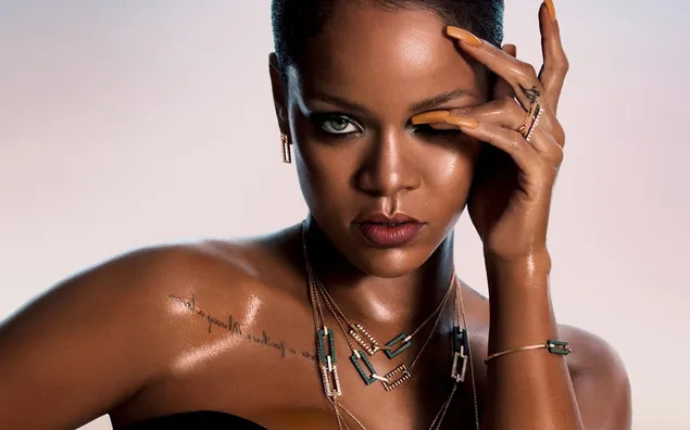 rihanna macht das illuminati-zeichen, bedeckt ihre augen mit einer hand herunterladen