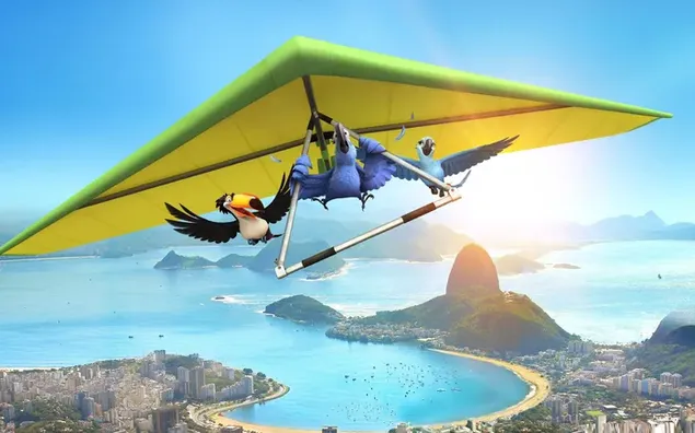 Animales de la película animada de Río que se lanzan en paracaídas sobre las islas en un clima soleado