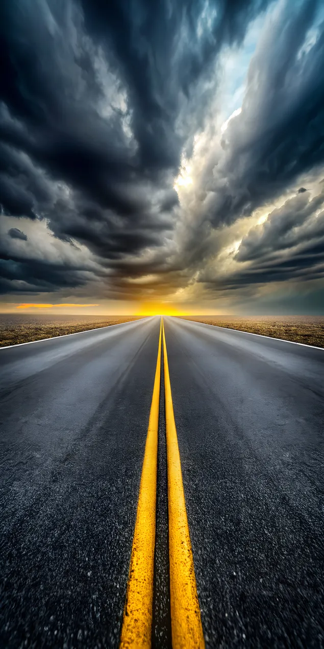 Vägen som leder till solnedgången under dramatiska stormmoln 2K bakgrund