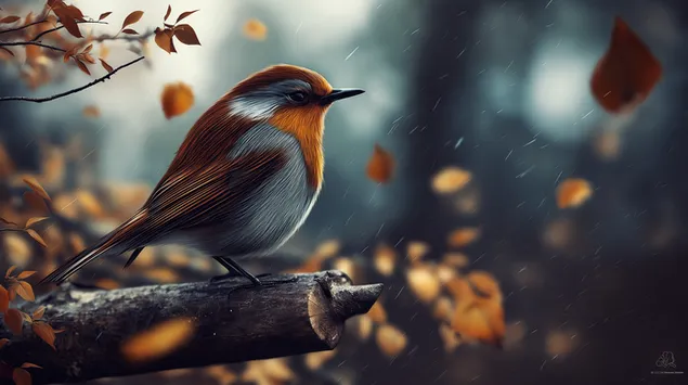 Tapeta Červenka na větvi v deštivém podzimním lese 2K