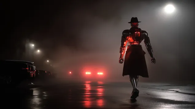 Robot v plašču sredi meglenega mestnega nočnega okolja 2K ozadje