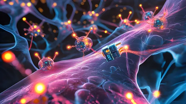 Robotiese nanobots wat in kunsmatige gloeiende weefsel werk 8K muurpapier