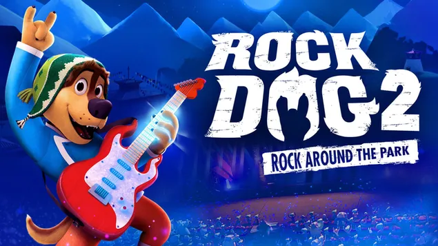 Rock Dog 2 animatiefilm karakter hond die gitaar speelt posterafbeelding HD achtergrond