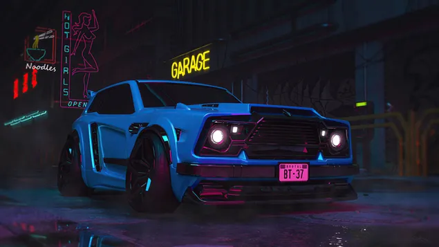 Rocket League videogame blauwe auto 2K achtergrond