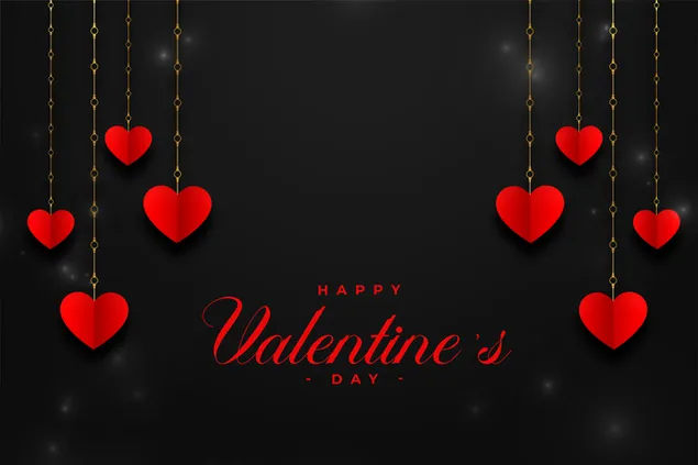 Rode kleine harten geketend op zwarte achtergrond en happy Valentijnsdag belettering download