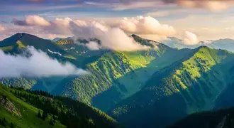 rolling green mountain peaks bathed in sunlight and shadow rise above pine forests, with wispy clouds drifting low across the vibrant, tranquil landsc