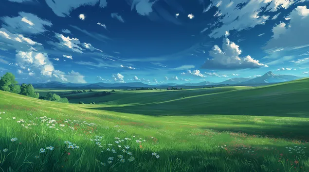 Colinas onduladas y exuberantes praderas bajo un cielo soleado 2K fondo de pantalla