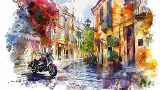 Tapeta Romantický akvarel evropské vesnice a klasický motocykl 8K