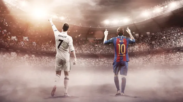 Ronaldo & Messi greeting the audiance together  2K wallpaper
