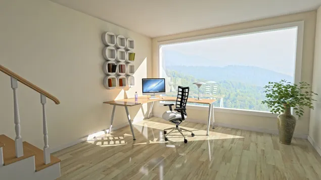 Diseño de la habitación con computadora de escritorio frente a un gran vidrio. 4K fondo de pantalla