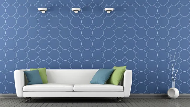 Diseño de habitación con sofá blanco y pared azul con cuatro almohadas. 4K fondo de pantalla