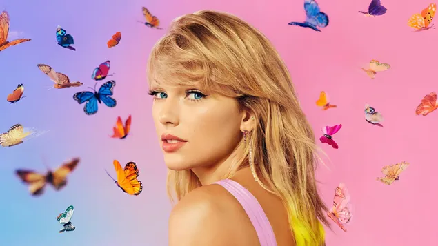 Rosa Kleid von Taylor Swift, Schmetterlinge herum, bunter Hintergrund