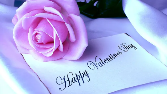 Rosa Rose und glückliche Valentinstagnotiz auf weißem Papier
