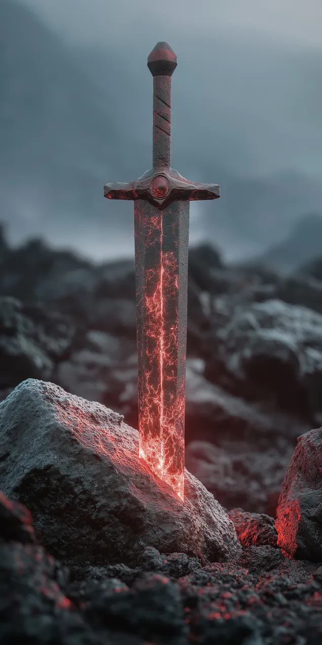 thanh kiem den ri set phat sang voi nhung vet nut tren dia hinh nui lua tai xuong