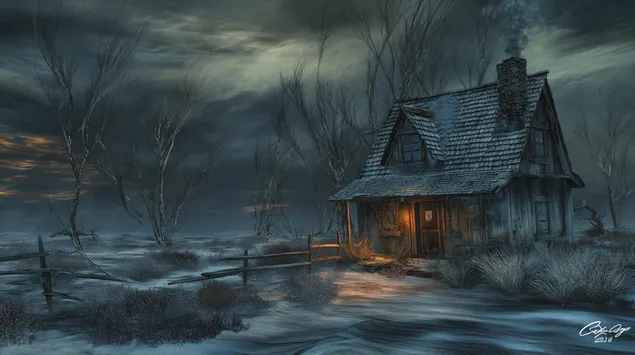 cabana rustica en un paisatge cobert de neu al crepuscle baixada