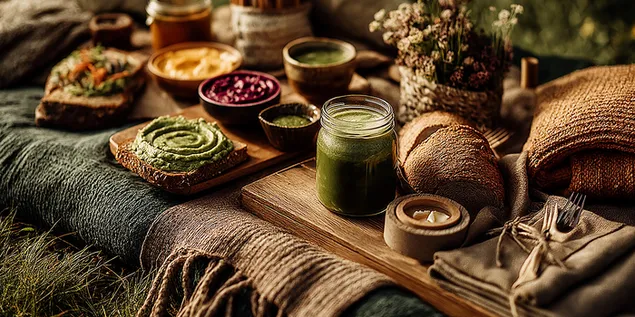 piknik ne natyre rustik me ushqim te fresket dhe batanije komode shkarkim