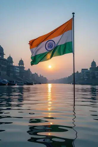 sacred ganga river at sunrise with flying indian national flag  patriotic morning reflection visual download