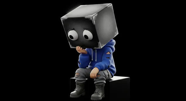 tuzni lik iz kutije sjedi na podu i osjeca se slomljeno u mracnoj sceni za pozadinu radne povrsine preuzmi