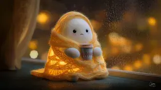 Sad Ghost Wrapped in Knit Blanket by Rainy Window in evening 2K wallpaper