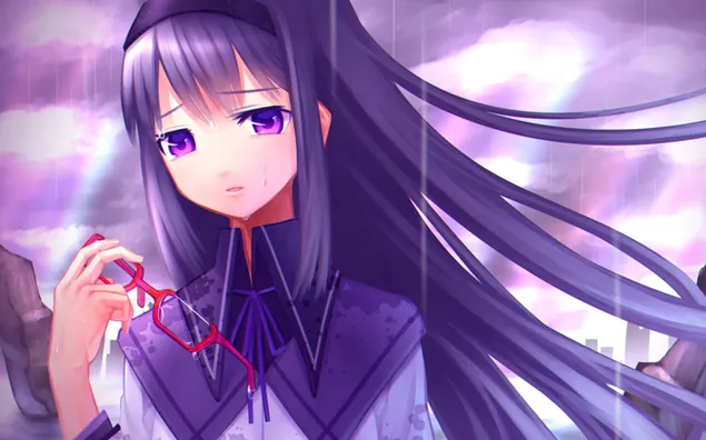 Sad looking anime girl Homura Akemi with purple eyes and hair