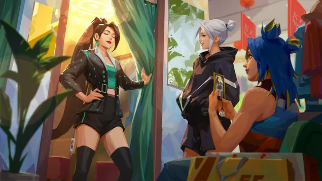 Sage prova nuovi vestiti, Neon e Jett che guardano Sage - Valorant 4K sfondo