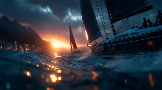 segelboot konfronteiert sech mat dynamesche wellen wahrend engem dramateschen sonnenennergang eroflueden
