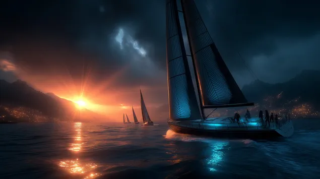 Páipéar balla Báid Seolta ag Loingseoireacht Uiscí Garbha ag Luí na Gréine i mBá2K