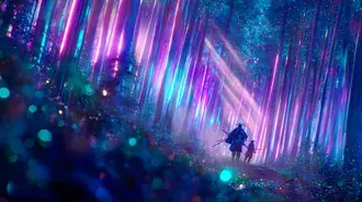 Tapeta Samuraj a dítě v světélkujícím lese s neonovou záři 2K