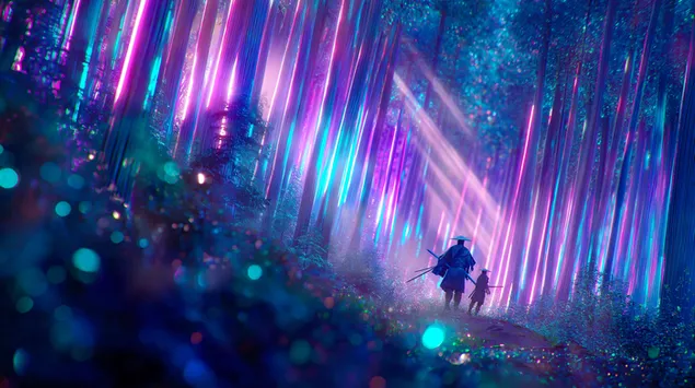 Samurai and Child in Luminous Forest with Neon Glow 2K wallpaper
