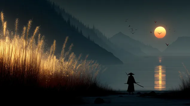 figura samuraya na zakhodi sontsya na berezi ozera z syayuchim ocheretom zavantazhiti