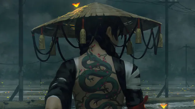 Татуювання дівчини-самурая на спині завантажити