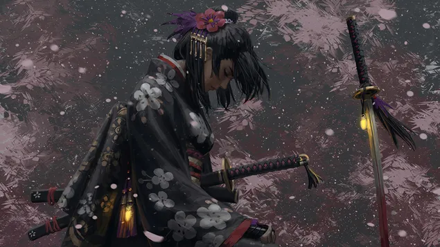 Chica samurái mostrando respeto 4K fondo de pantalla